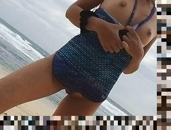 YOGA on Ocean shore without Panties # Butt Plug NO PANTIES