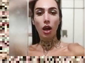 POV taking a shower big tits transgirl