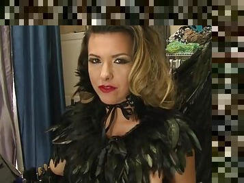Pornstar in angel wings gets her makeup done