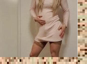 Jerking off in a really nice pink sweater dress