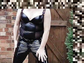 Tranny slut pvc shorts and bodysuit