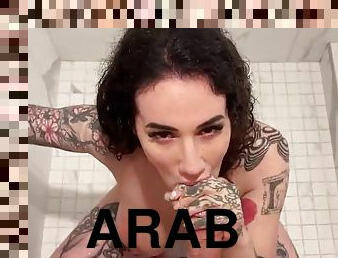 Kinky Arabelle Raphael sucks and sucks cock in the shower