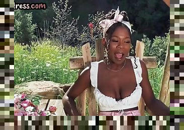 Busty ebony girl in high heel boots fingers her pussy outdoor