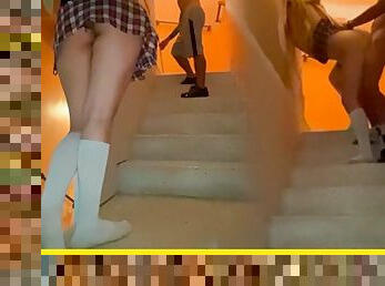 hot schoolgirl fucks worker on the steps of his house