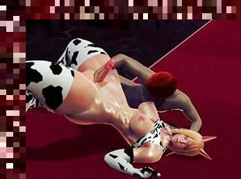 Honey Select - Fat Futanari in cow costume with bigs tits and cock get fucked hard and facial