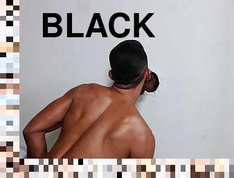 Hot black hunk fucked through a hole in the wall by Latin dick