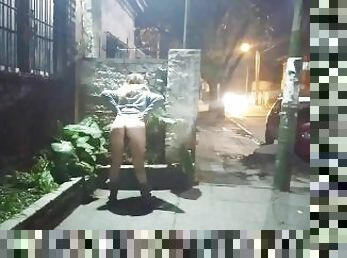 Publick Flashing Naked woman on the street asks for sex in front of onlookers and they cum on her
