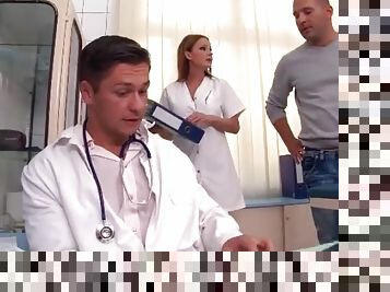 Horny nurse gives head to doctor and patient