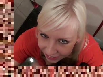 Skinny german teen give pov blowjob on toilet for abroad