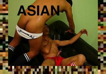 Asian twinks piss and bareback fuck after swapping blowjobs