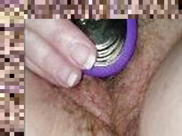 Sexy wife using her new clit vibrator on her hairy pussy