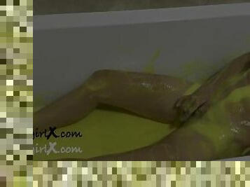 Yellow Gunge Slime Orgasm in the Bath, Wet and Messy Sploshing WAM