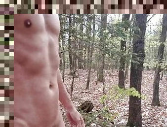 Wood in the Woods: Risky naked hike showing my fat dick in a public park.