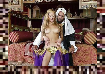 Arab guy fucks slim blonde beauty in merciless ways and comes on her ass