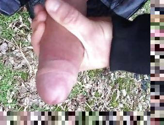 Thick veiny cock with penis ring intense jerking in a park - no cum