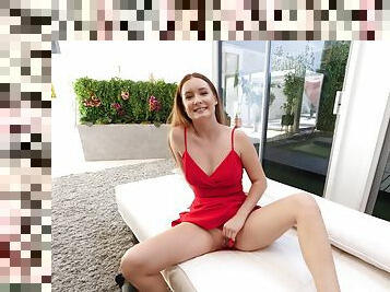 Redhead removes her red dress while masturbating for a nice dose of hardcore POV