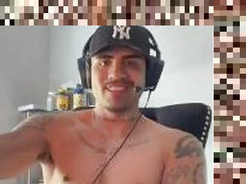 Uncut latino jerks his BIG dick while gaming