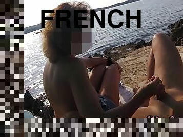 French amateur stepmom couple jerking off their stepson on a nudist beach in Greece with cumshot - MissCreamy