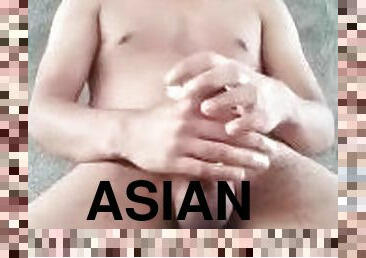 asiático, enorme, masturbación, anal, chorro-de-corrida, paja, polla