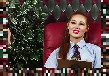 CFNM voyeur redhead babe in business attire handjob teasing