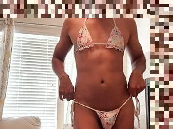 Bikini femboy slut rubs boyfriends creamy pussy on pillow