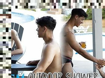 NastyTwinks - Outdoor Shower - Jay Angelo Takes Shower When Jordan Haze Joins, Bareback Shower Fuck