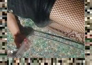 Wetlook in bathroom in black fishnet body, denim shorts and high heels shoes...