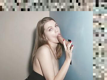 Amateur femdom babe gives blowjob at glory hole after striptease