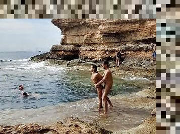 nudist, zunaj, javno, amaterski, par, plaža, fukanje