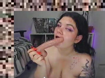 Deepthroat with saliva on the boobs