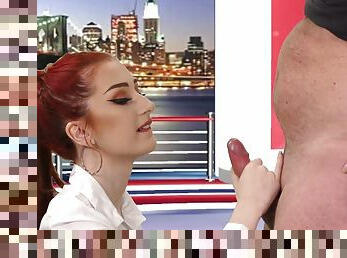 CFNM redhead British babe sucks cock in live TV show