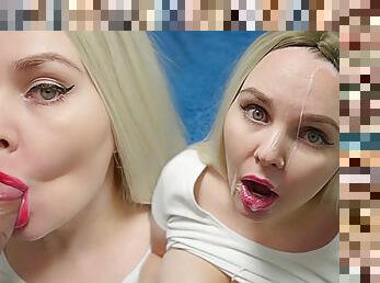 Sensual and juicy close-up blowjob, red lips, facial