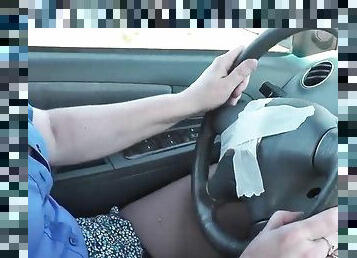 No panties in public. Public nudity. Sexy blonde MILF drives a car with no panties up her skirt. Naked in public. Big natural tits