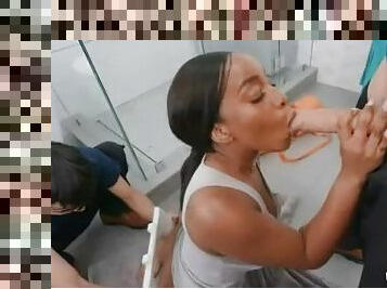 Slut stuck in the toilet gets double fucked