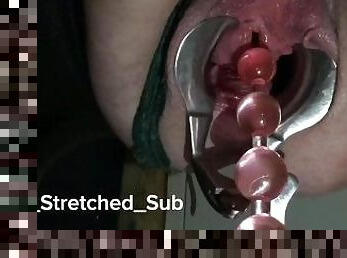 The_Stretched_Sub bound with cling film gets her gapping pussy fisted and her pee hole fucked.