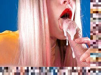 Party girl gets pulsating cum mouth! Red lipstick blowjob, teasing and throbbing oral creampie