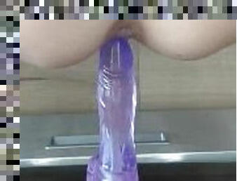 Doggy style on a suction cup dildo - Kitchen fun!