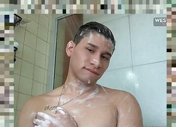Hot Latin stud Evan Hayek jerks his big cock in the shower
