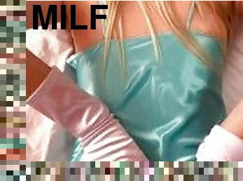 Bedtime with MILF and satin nightie and satin gloves