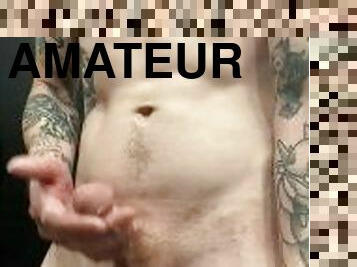 Dirty talk tattooed man jerking till cums