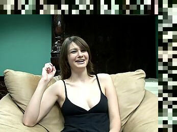 An amateur babe strips down and gets naked during an interview