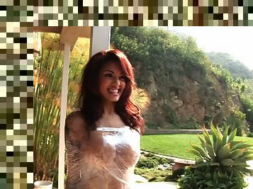 Redhead Latina dame in miniskirt giving her horny guy stunning blowjob