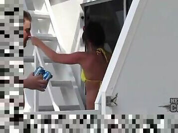 On party boat filming sexy bikini girls